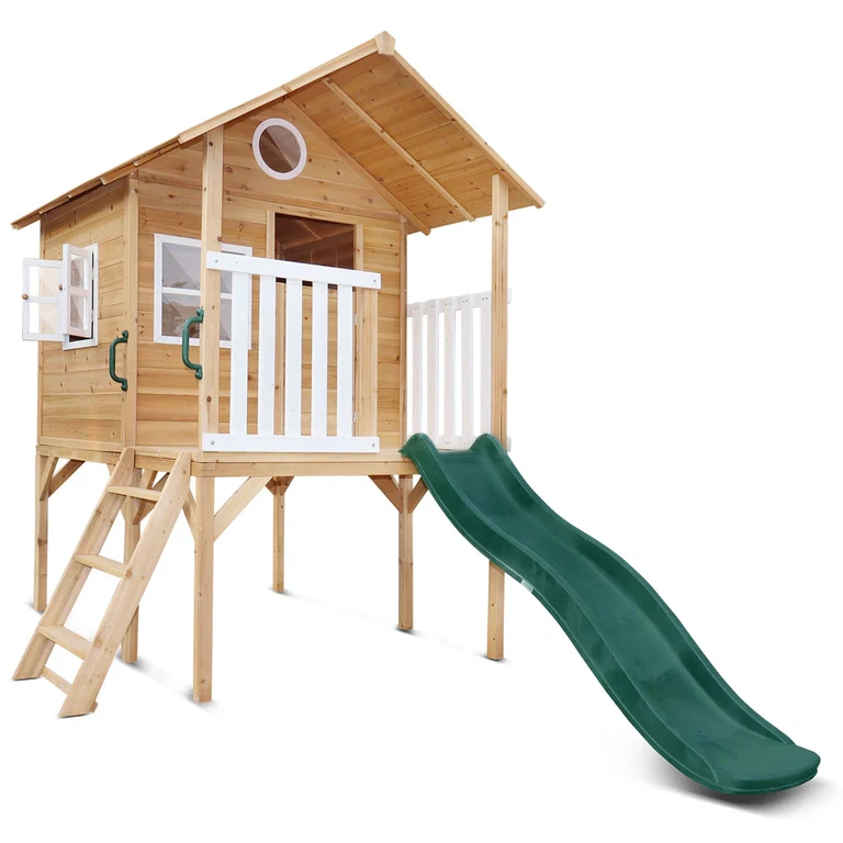 Wooden Cubby House with Green Slide