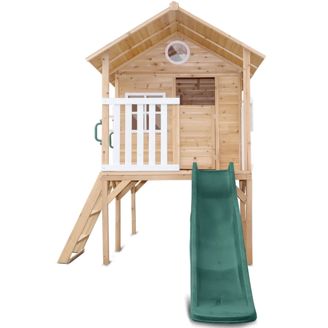 Wooden Cubby House with Green Slide