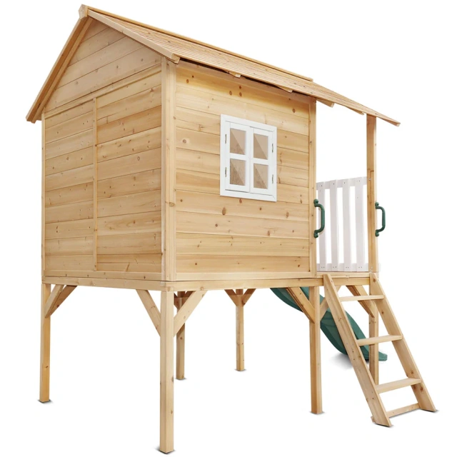 Wooden Cubby House with Green Slide