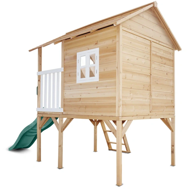 Wooden Cubby House with Green Slide