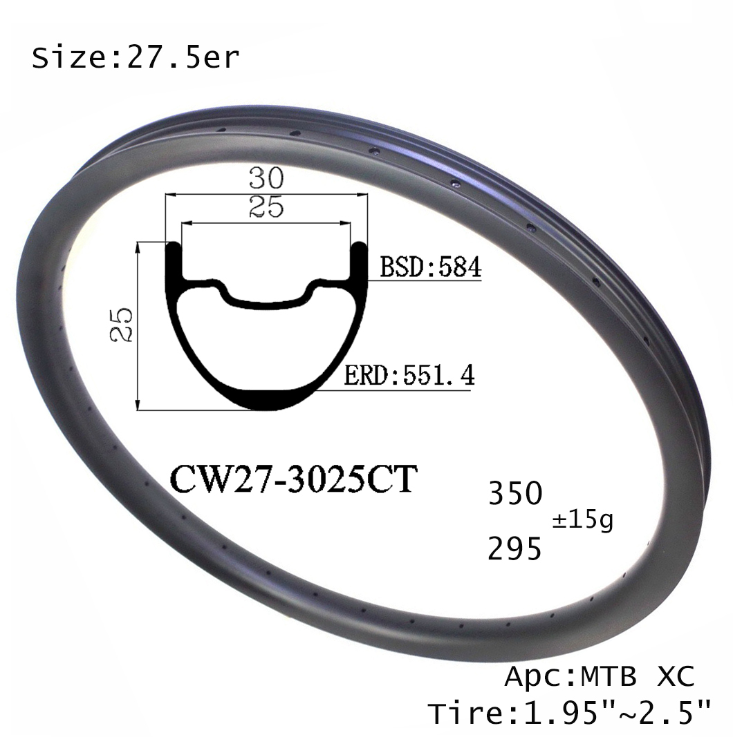|CW27-3025CT|mtb rim 27.5 carbon materials 30mm wide hookless clincher tubeless wheel mountain bike cross country XC light weight version