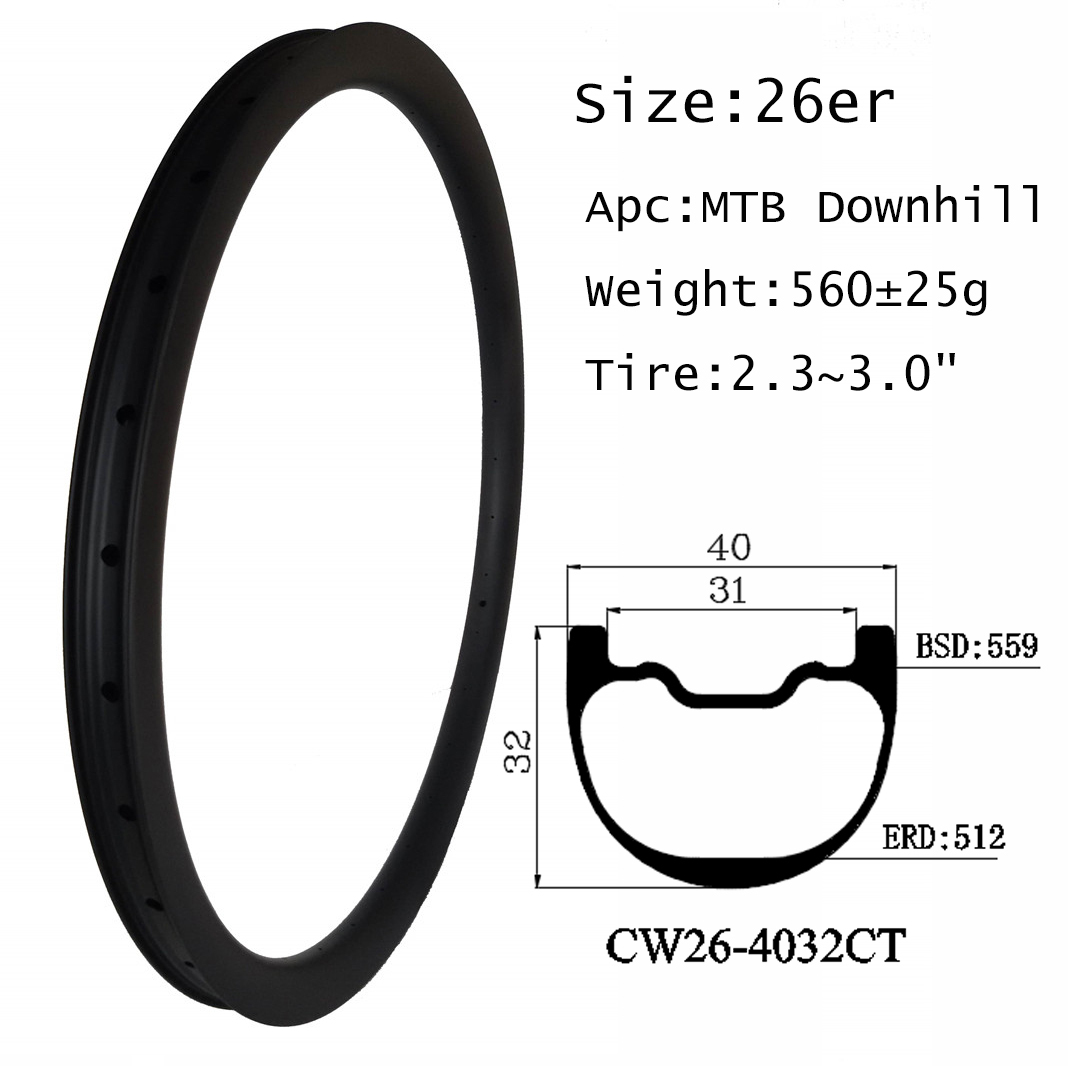 |CW26-4032CT| 26er Special design MTB carbon rims downhill 40mm width 32mm depth DH training wheels hookless Hand-built EN732 Standard