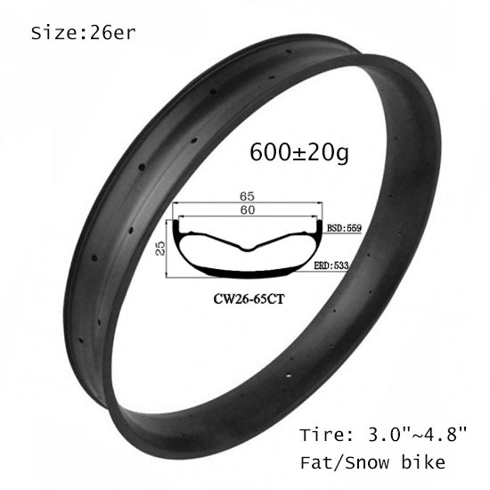 |CW26-65CT| 26er full carbon fatbike sand ground rims 65mm width 25mm depth light XC snow ground wheel with stiffness and strong appearance