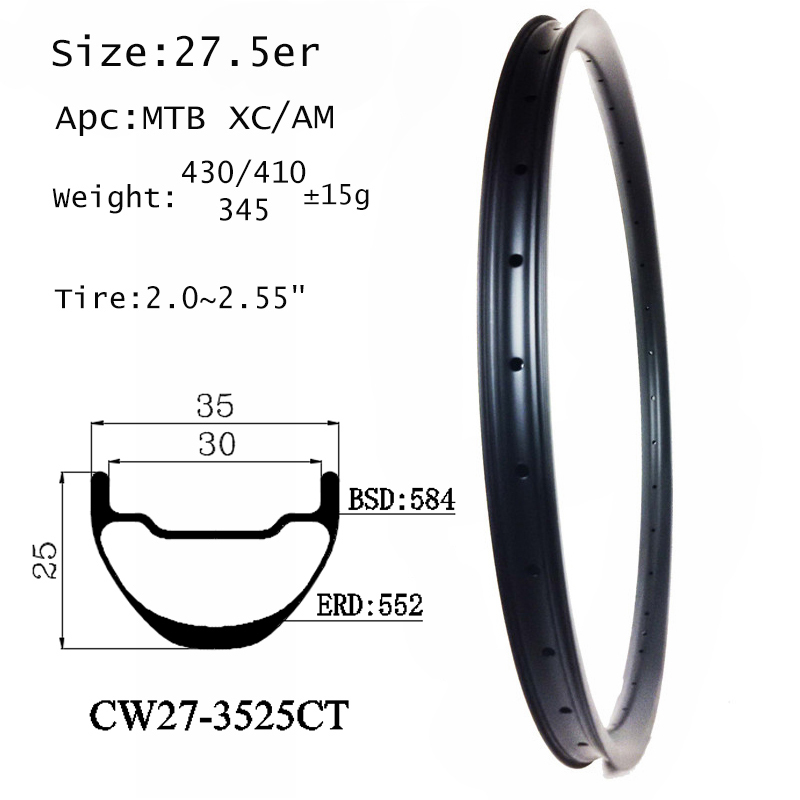 |CW27-3525CT|rims carbon 27.5 inch width 35mm mid size hookless clincher tubeless wheel mountain cycling XC/AM version racing bicycle