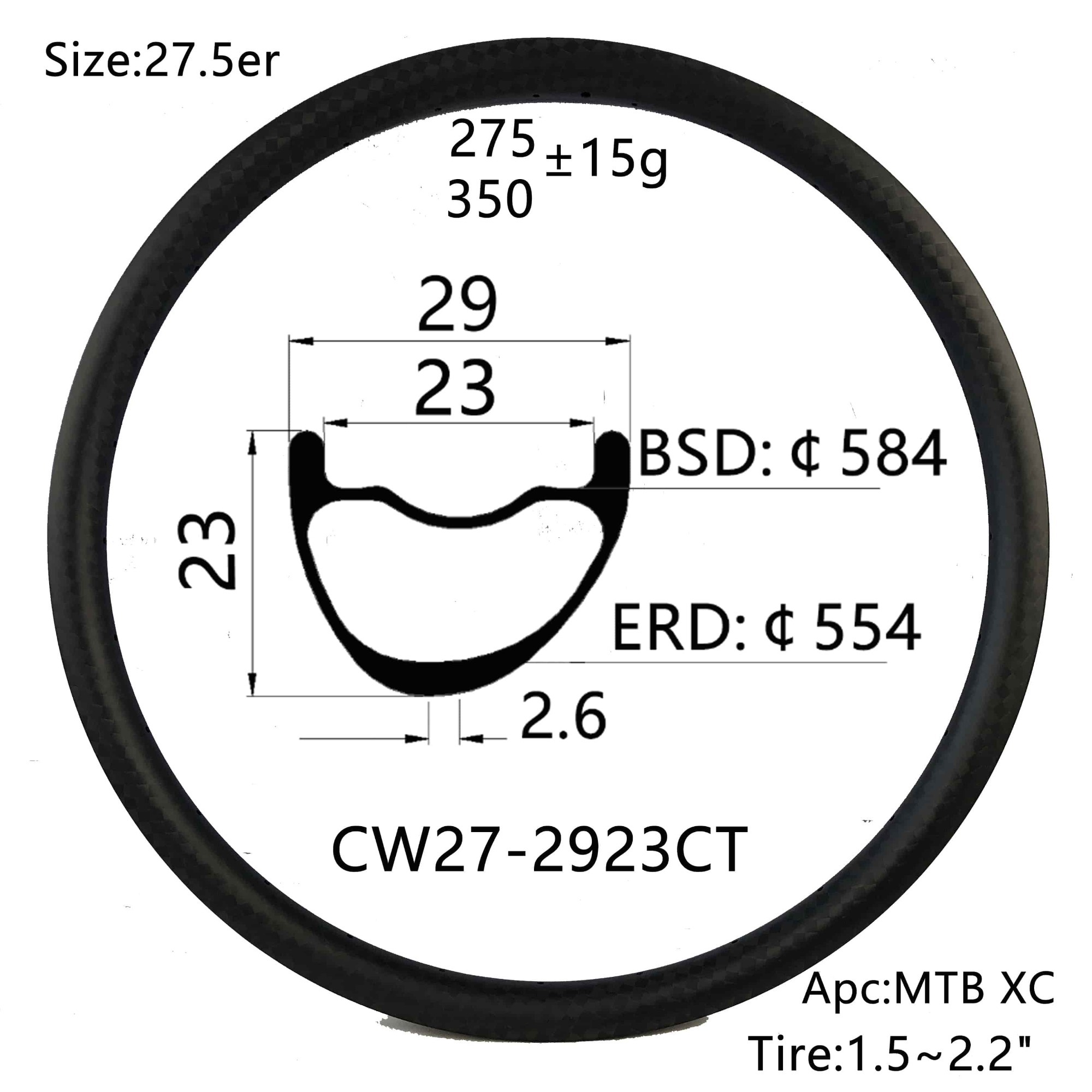 |CW27-2923CT| New arrival carbon MTB XC rims 29mm width 23mm depth 27.5er for training XC cross country racing asymmetry lightweights