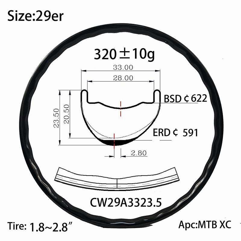 |CW29A3323.5| Carbon rims asymmetry design 29inch width 33mm 23.5mm depth cycle wave 28 holes wheel off set MTB mountain cycle