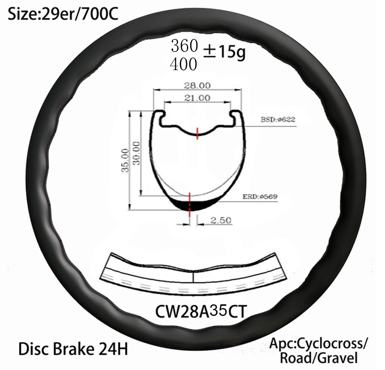 |CWA2835CT| Carbon bike rim 24 holes wave shape disc brake bike cycle rim light weight standard version 360g 28mm width 35mm depth