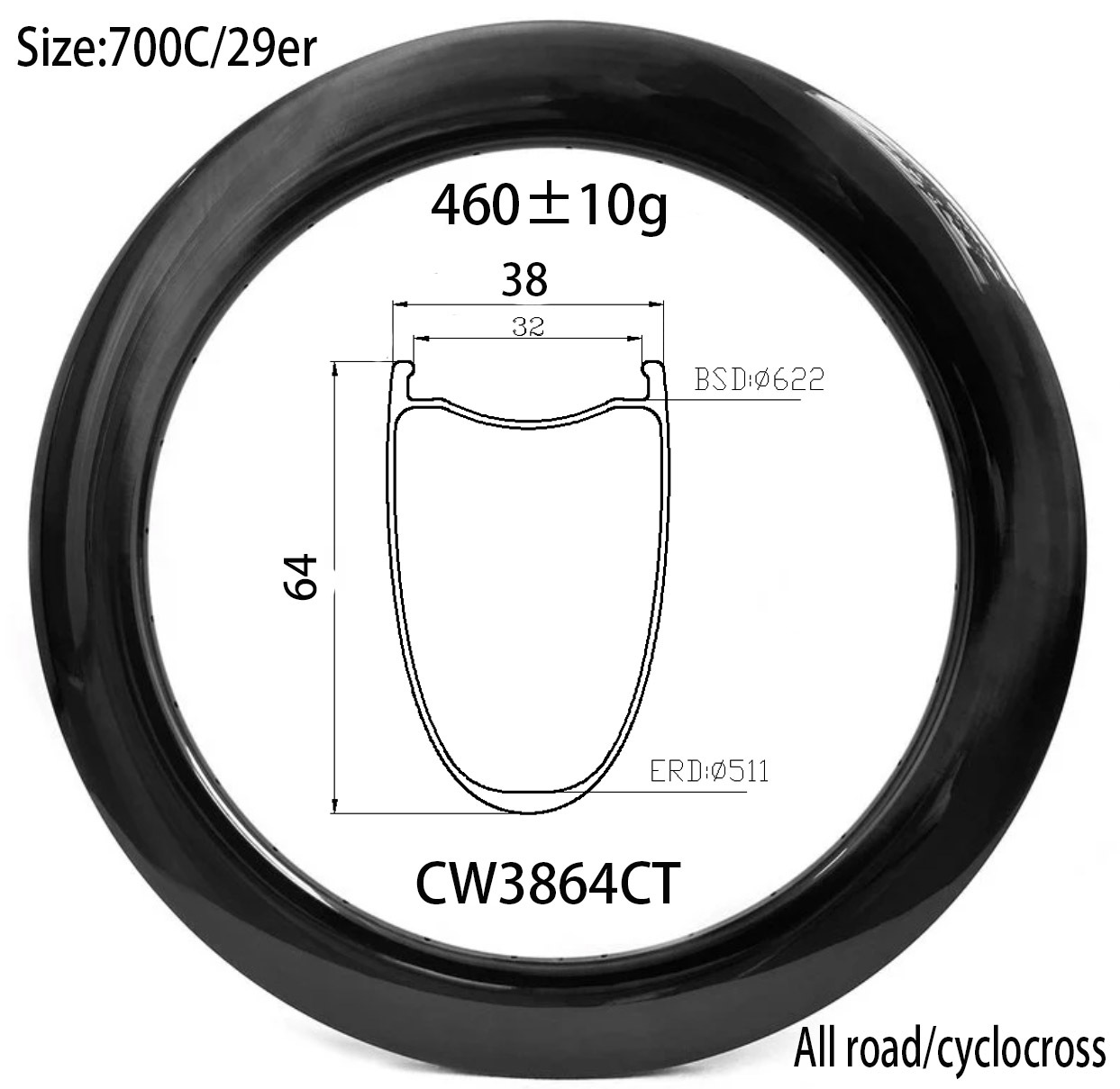 |CW3864CT/HT| carbon bike rims 38mm wide 64mm deep gravel bicycle ride wheel light weight 460g hooked-hookless design
