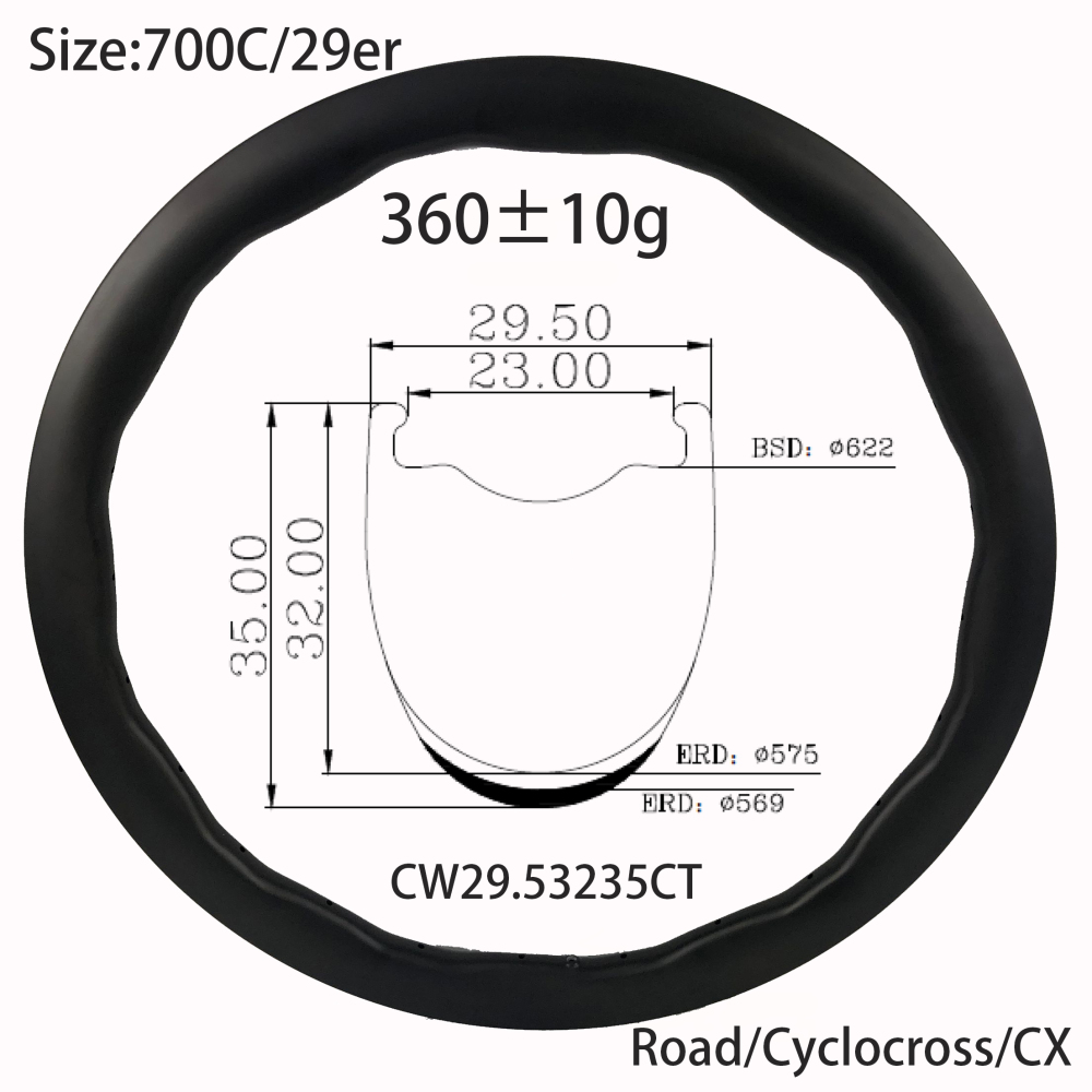 |CW29.53235CT| 700C disc brake carbon rim 35mm depth 24 holes design hooked/Clincher tubeless tires wave new design 360g only