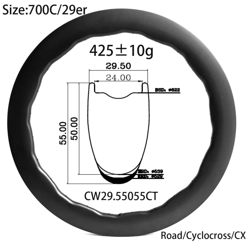 |CW29.55055CT| 700C disc brake carbon rim 55mm depth 24 holes design hooked/Clincher tubeless tires wave new design 425g ultralight