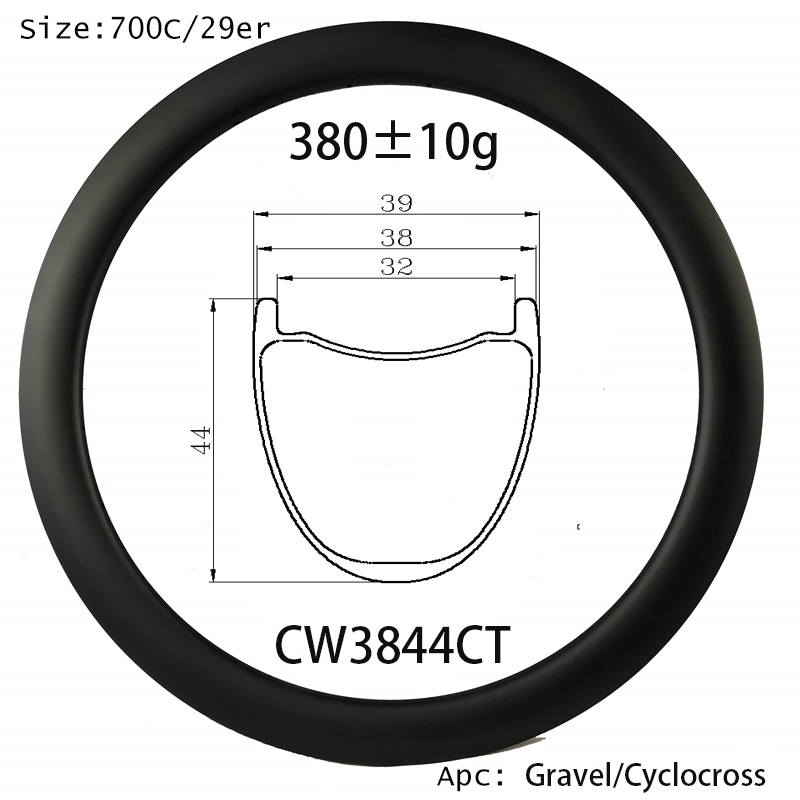 |CW3844CT/HT| carbon bike rims 44mm gravel bike wheel hooked hookless 380g ultralight 38mm outer width 32mm inner width