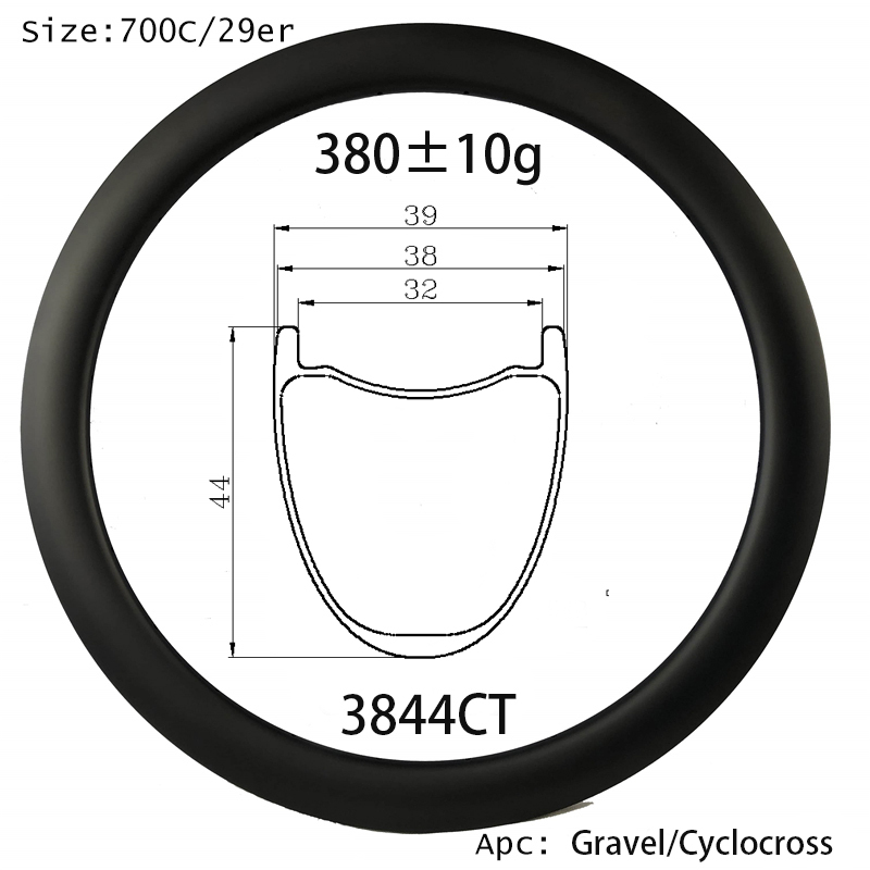 |CW3844CT/HT| carbon bike rims 44mm gravel bike wheel hooked hookless 380g ultralight 38mm outer width 32mm inner width