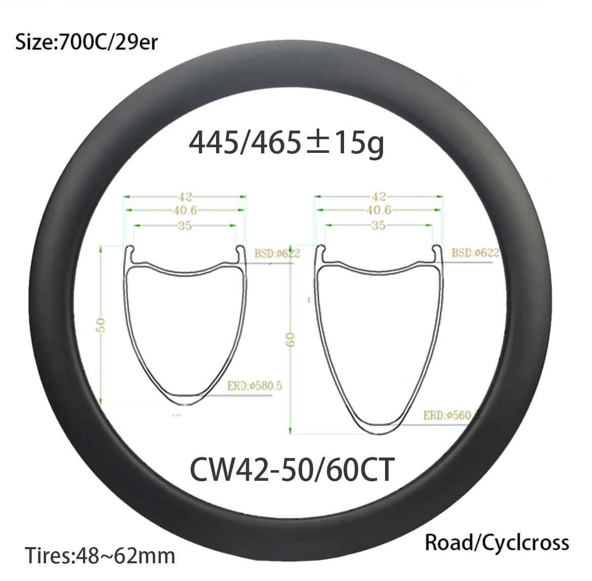 |CW42-50/60CT| gravel bike rims 42mm width 50mm 60mm Depth carbon bike rims all road wheel 445 460g inner width 35mm 2026 new