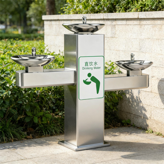 TD-3 Series Cross 3-Basin Outdoor Public Drinking Fountain, Stainless Steel Multi-Height Municipal Water Dispenser with Optional RO & Chilled Water System