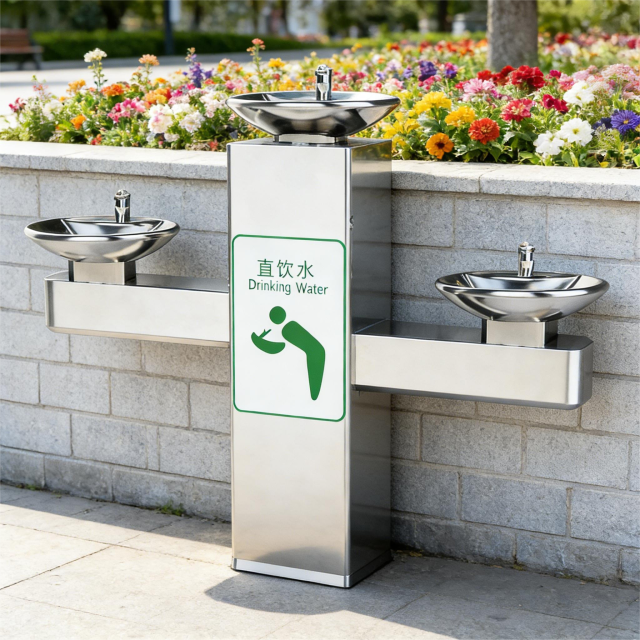 TD-3 Series Cross 3-Basin Outdoor Public Drinking Fountain, Stainless Steel Multi-Height Municipal Water Dispenser with Optional RO & Chilled Water System