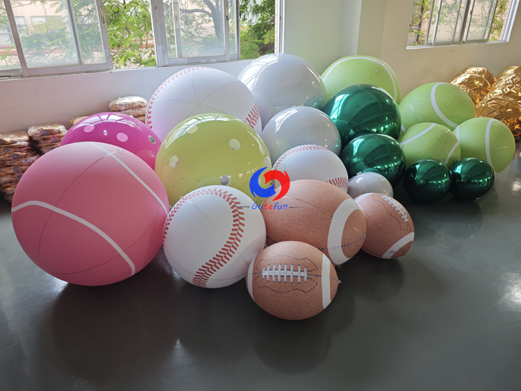 Football + Baseball + Tennis balls + Pickle balls +White shiny balls + Dark green shiny balls Sports Themed Inflatable Balls