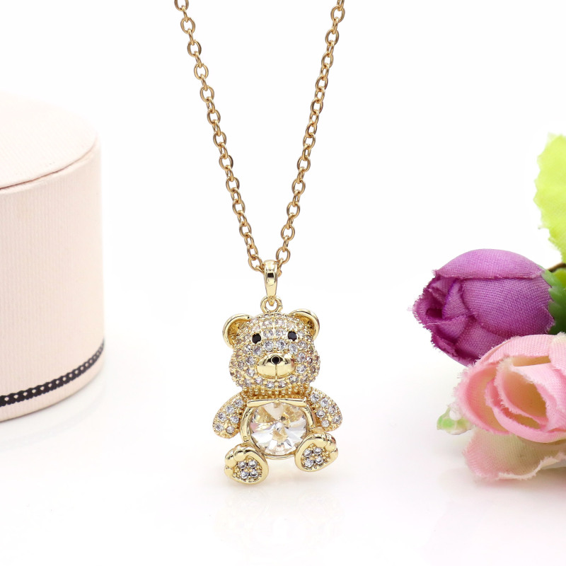 Wholesale Women Exquisite Collarbone Chain Zircon Diamond Rhinestone Stainless Steel Chain Copper Pendant Cute Trendy Bear Necklace
