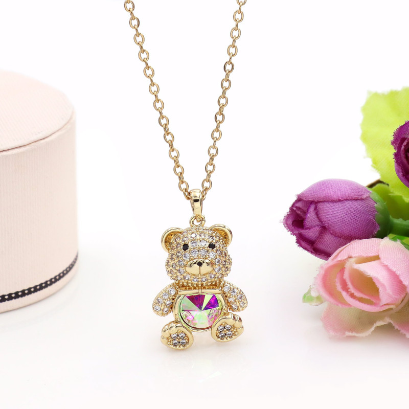 Wholesale Women Exquisite Collarbone Chain Zircon Diamond Rhinestone Stainless Steel Chain Copper Pendant Cute Trendy Bear Necklace