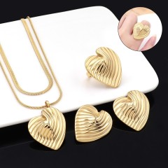 Stainless Steel Water Drop Style Heart Trendy Geometric Line Texture Stud Earring Necklace Ring 3pcs Jewelry Set Wholesale