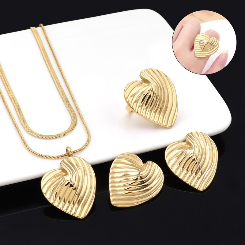 Stainless Steel Water Drop Style Heart Trendy Geometric Line Texture Stud Earring Necklace Ring 3pcs Jewelry Set Wholesale