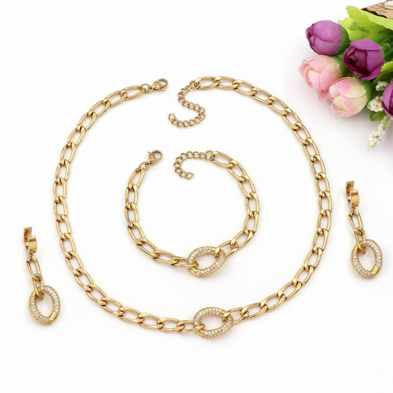 Bridal Classic 18K Gold Plated Stainless Steel Sparkle Inlaid Necklace Earrings Bracelet Set (3pcs)- fashion jewelry mexico