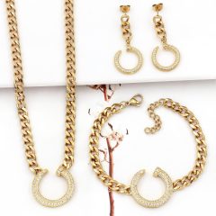 Luxury Stainless Steel  Full Stone Nail Fashion Women Gift Necklace Bangle Earring 3pcs Jewelry Set