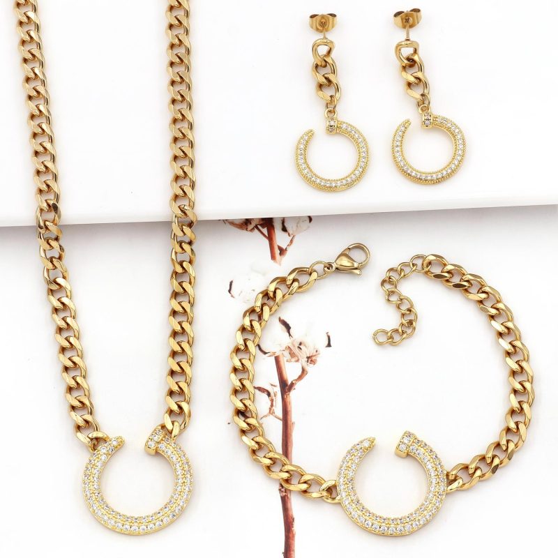 Luxury Stainless Steel  Full Stone Nail Fashion Women Gift Necklace Bangle Earring 3pcs Jewelry Set