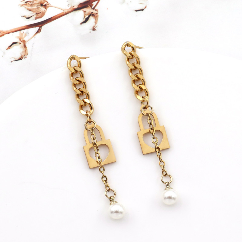 Stainless Steel Flower Pearl Earrings Light Luxury High-End Lock Dangle Drop Earrings Women Jewelry