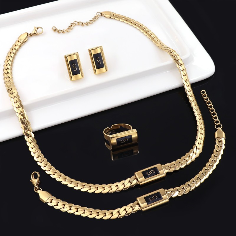 Conjuntos De Joyeria Minimalist Smooth Square S Shaped Stud Earrings Necklace Ring Jewelry Set Joyera De Acero Inoxidable