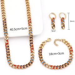 Joyas Inspiradas Dripping Oil Cuba Link Chain Luxury Jewelry Colorful Stainless Steel Bracelets Earrings Necklace Set for Women