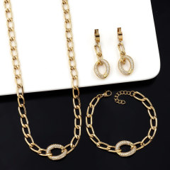 Bridal Classic 18K Gold Plated Stainless Steel Sparkle Inlaid Necklace Earrings Bracelet Set (3pcs)- fashion jewelry mexico