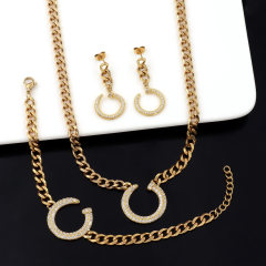 Luxury Stainless Steel  Full Stone Nail Fashion Women Gift Necklace Bangle Earring 3pcs Jewelry Set