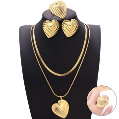 Stainless Steel Water Drop Style Heart Trendy Geometric Line Texture Stud Earring Necklace Ring 3pcs Jewelry Set Wholesale
