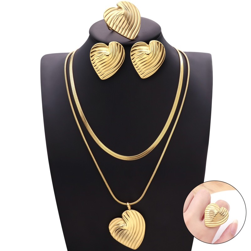 Stainless Steel Water Drop Style Heart Trendy Geometric Line Texture Stud Earring Necklace Ring 3pcs Jewelry Set Wholesale