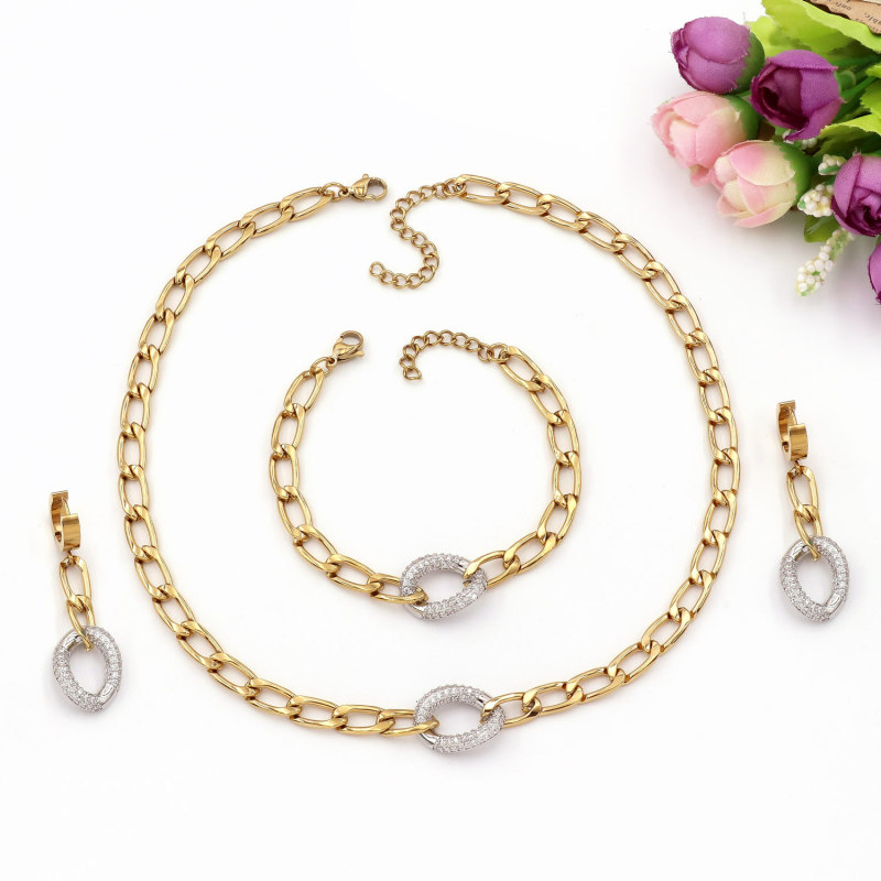 Bridal Classic 18K Gold Plated Stainless Steel Sparkle Inlaid Necklace Earrings Bracelet Set (3pcs)- fashion jewelry mexico