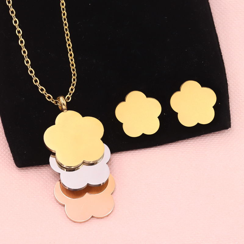 Fashion Stainless Steel Flower Jewelry Earrings Necklace Oval Chain for Woman Jewelry Set