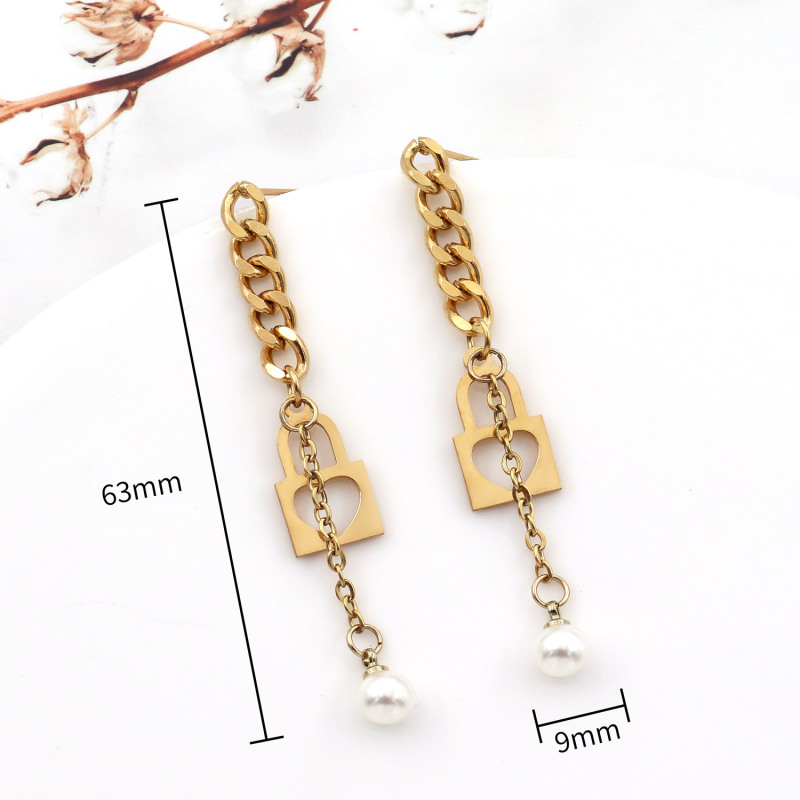 Stainless Steel Flower Pearl Earrings Light Luxury High-End Lock Dangle Drop Earrings Women Jewelry