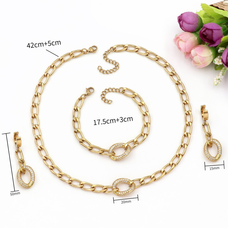 Bridal Classic 18K Gold Plated Stainless Steel Sparkle Inlaid Necklace Earrings Bracelet Set (3pcs)- fashion jewelry mexico