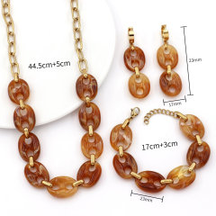 Colorful Resin & Gold Pig Nose Link Necklace, Multicolor Marbled Acrylic Chain Choker, Retro Statement Jewelry Set