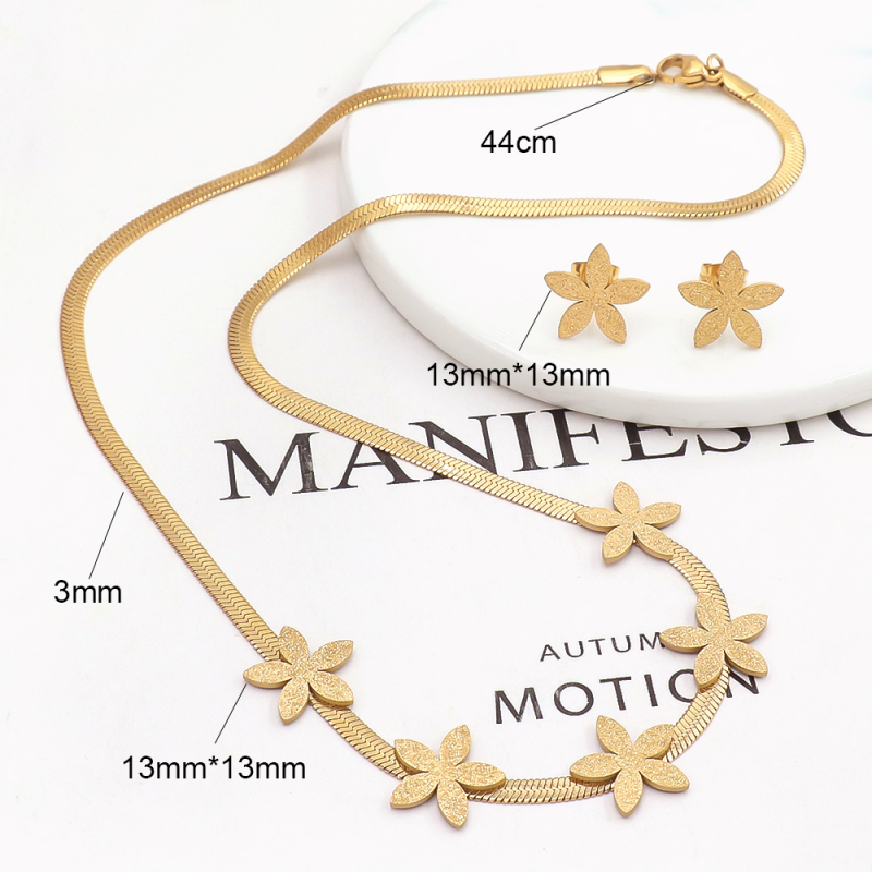 Dubai Bride 18k Gold Plated Stainless Steel Wedding Flower Custom Fashion Snake Chain Necklace Earring Jewelry Set