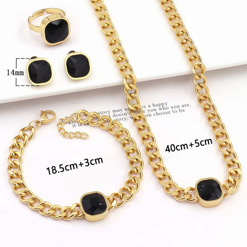 Wholesale Fashion White Black  Red Zircon  4Pcs Set Stainless Steel Cuban Link Chain Rhinestone Women Jewelry Sets