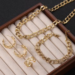 Hip-hop Style West Coast Rock Double Chain Simple Design Bracelet Necklace Earrings Ring Set