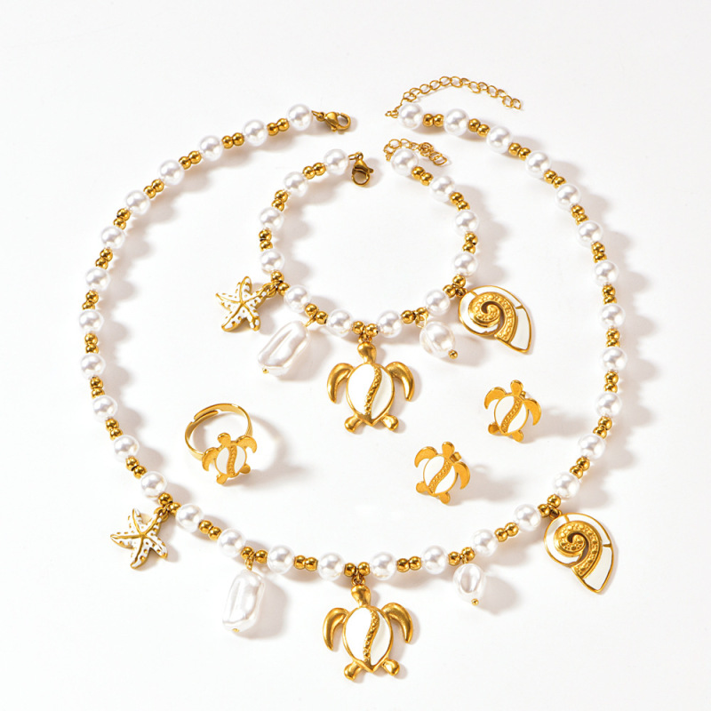 Stainless Steel Set Fashionable Sea Turtle Sea Screw Pearl Beaded Necklace Bracelet Earrings Ring 4pcs Jewelry Set