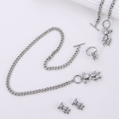 Stainless Steel Bear Robot Necklace Earrings Bracelet Ring Fashionable Four-piece Jewelry Set