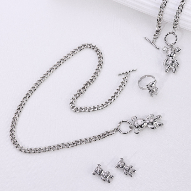 Stainless Steel Bear Robot Necklace Earrings Bracelet Ring Fashionable Four-piece Jewelry Set