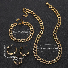 Hip-hop Style West Coast Rock Double Chain Simple Design Bracelet Necklace Earrings Ring Set