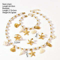 Stainless Steel Set Fashionable Seastar Shell String Bead Necklace Women's Bracelet Earrings Ring Set