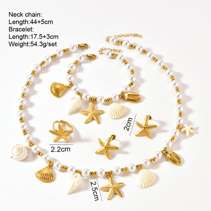 Stainless Steel Set Fashionable Seastar Shell String Bead Necklace Women's Bracelet Earrings Ring Set