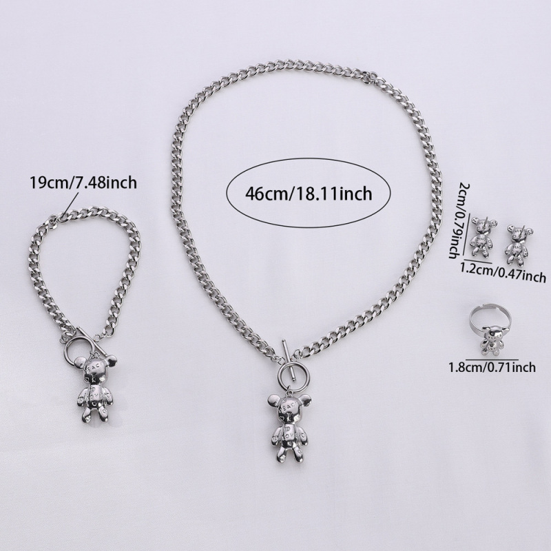Stainless Steel Bear Robot Necklace Earrings Bracelet Ring Fashionable Four-piece Jewelry Set