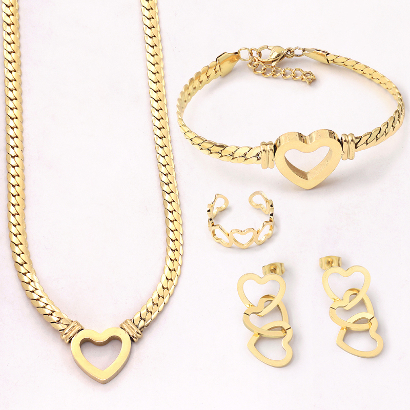 Loving Heart Necklace Snake Chain Women Stainless Steel Non Fading Collar 4pcs Chain Jewelry Set Joyera De Acero Inoxidable